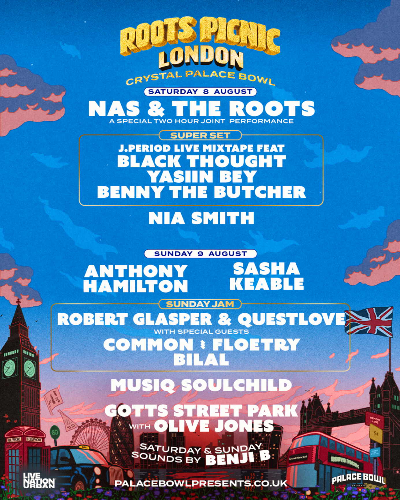 Roots Picnic London 2026 key art — Nas & The Roots, Anthony Hamilton, Robert Glasper & Questlove, Common, Musiq Soulchild